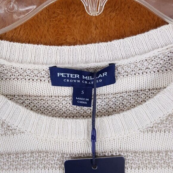 PETER MILLAR Mens Sweater Small Cream Pullover MIDI STRIPED CREW Linen Wool $350 - Picture 5 of 10